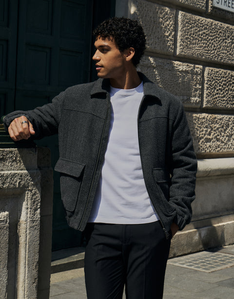 Threadbare Herringbone Faux Wool Collared Jacket in Slate Grey - camapign
