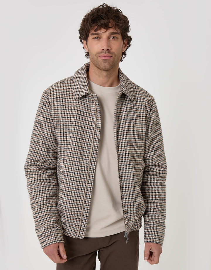 Threadbare Faux Wool Collared Jacket in Brown Check - front view