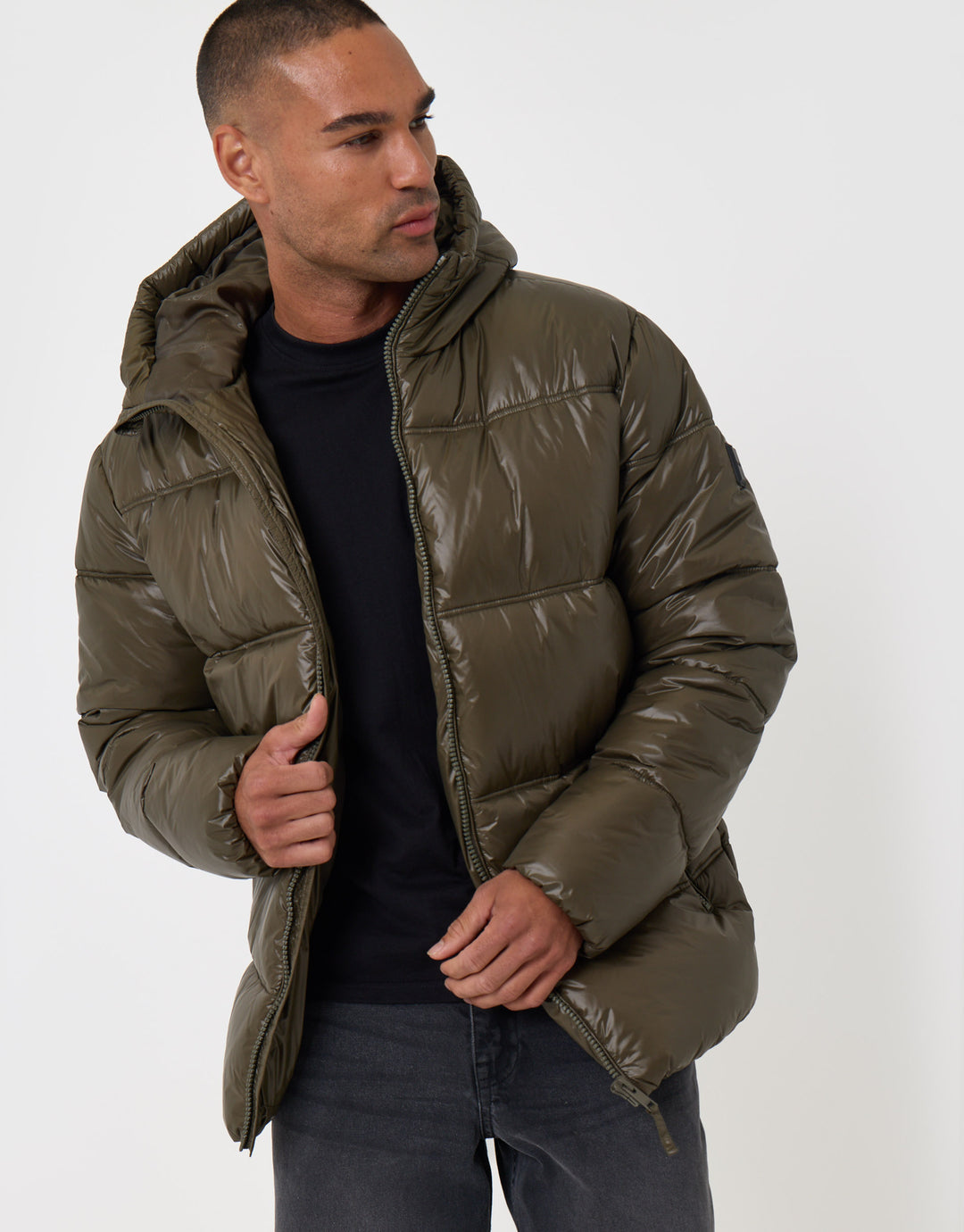 Threadbare Hooded Puffer Jacket with Stitch Detail in Khaki - front view unzipped