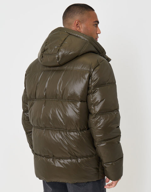 Threadbare Hooded Puffer Jacket with Stitch Detail in Khaki - back view