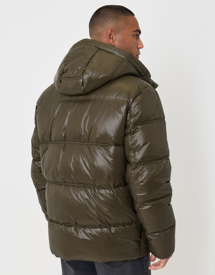 Threadbare Hooded Puffer Jacket with Stitch Detail in Khaki - back view