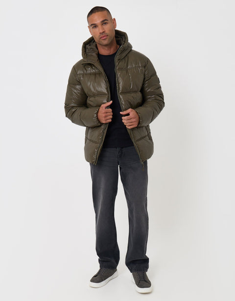 Threadbare Hooded Puffer Jacket with Stitch Detail in Khaki - full body