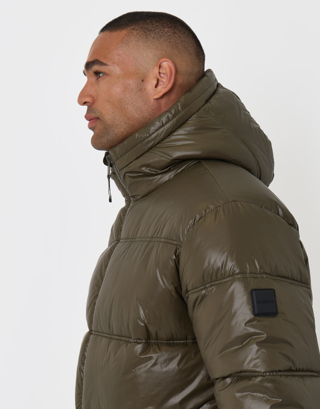 Threadbare Hooded Puffer Jacket with Stitch Detail in Khaki - side view