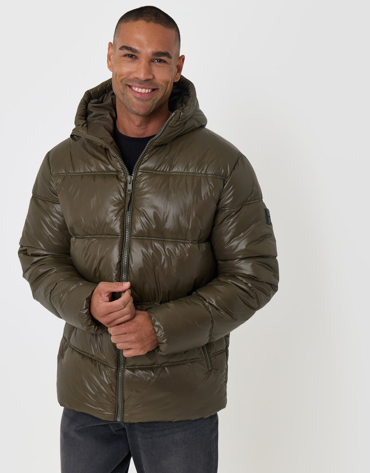 Threadbare Hooded Puffer Jacket with Stitch Detail in Khaki - front view zipped