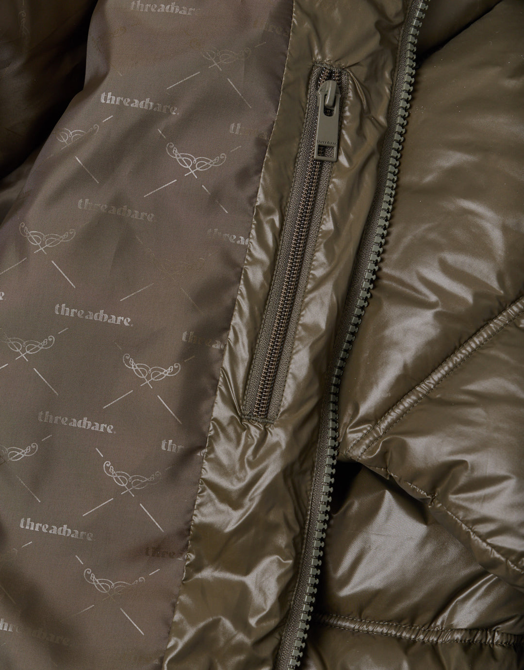 Threadbare Hooded Puffer Jacket with Stitch Detail in Khaki - zip detail