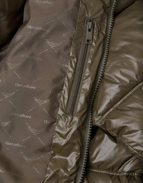 Threadbare Hooded Puffer Jacket with Stitch Detail in Khaki - zip detail