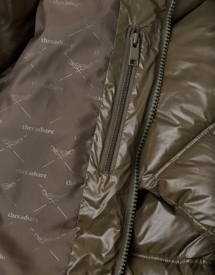 Threadbare Hooded Puffer Jacket with Stitch Detail in Khaki - zip detail