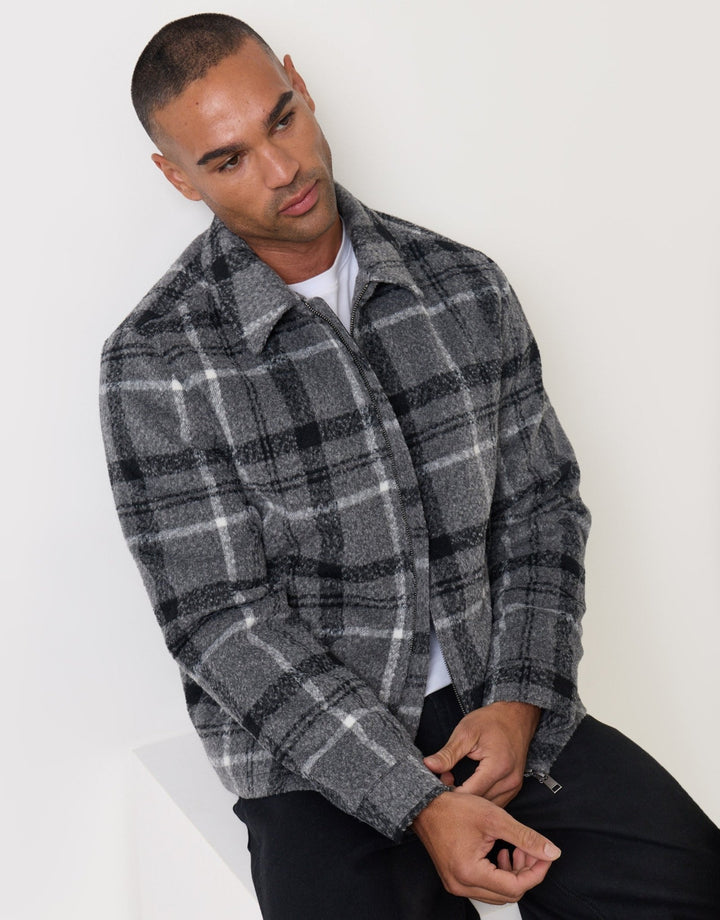 Faux Wool Collared Jacket in Charcoal Check