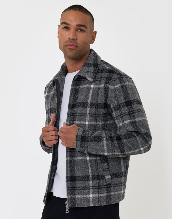 Faux Wool Collared Jacket in Charcoal Check