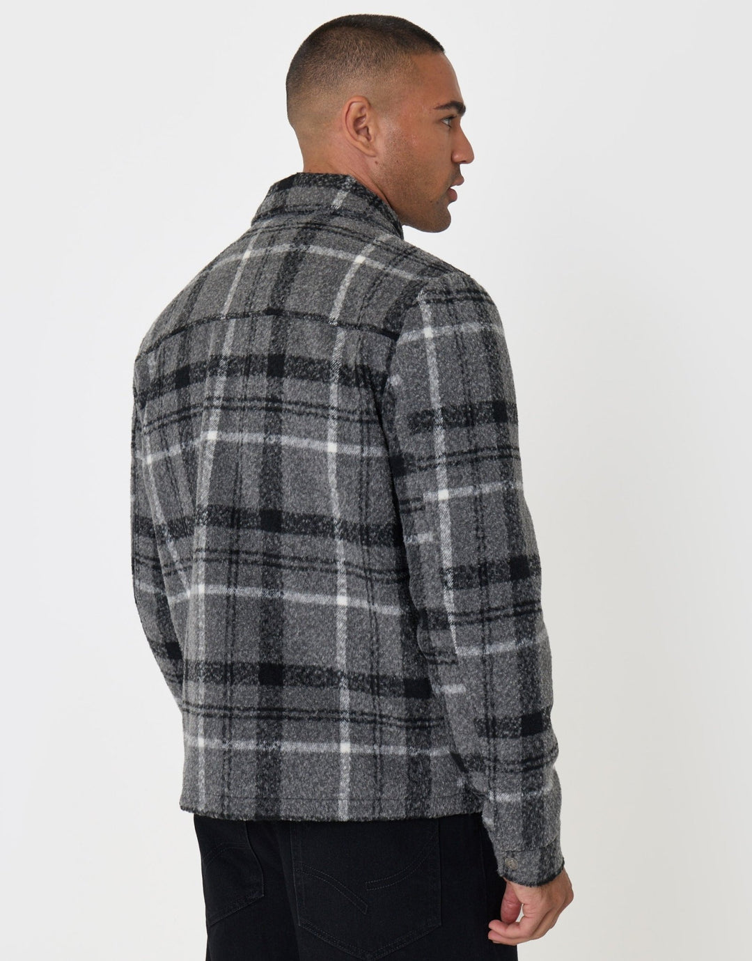 Faux Wool Collared Jacket in Charcoal Check