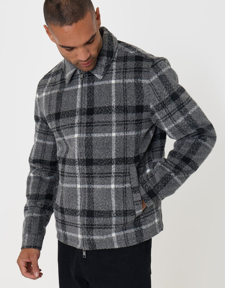 Faux Wool Collared Jacket in Charcoal Check