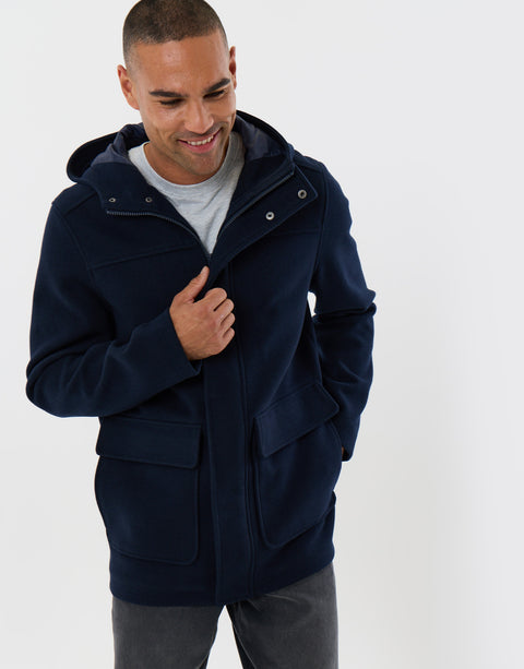 Threadbare Faux Wool Hooded Jacket in Navy - front view closed