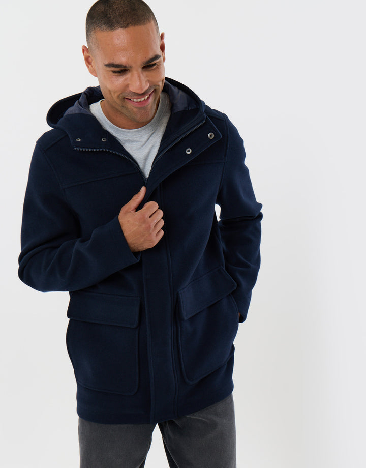 Threadbare Faux Wool Hooded Jacket in Navy - front view closed