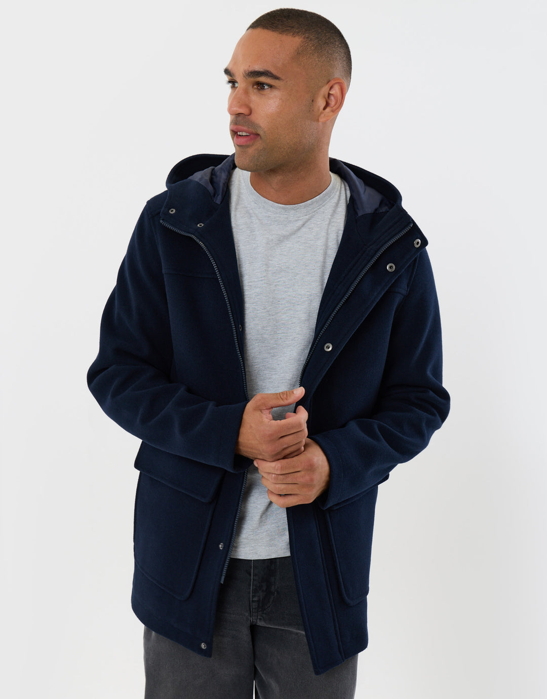 Threadbare Faux Wool Hooded Jacket in Navy - front view open