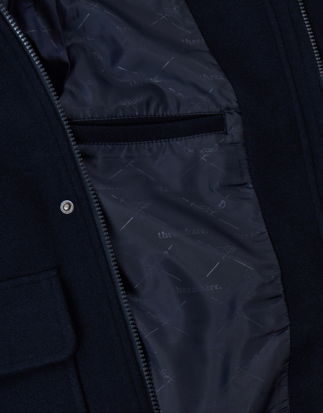 Threadbare Faux Wool Hooded Jacket in Navy - detail