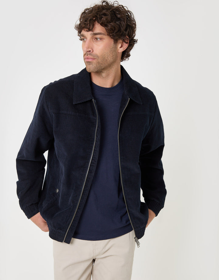 Threadbare Cotton Corduroy Harrington Jacket in Navy - front view