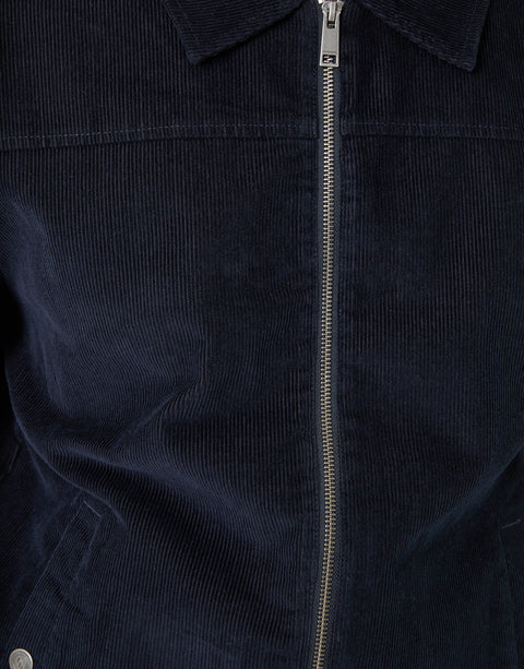 Threadbare Cotton Corduroy Harrington Jacket in Navy - close zip