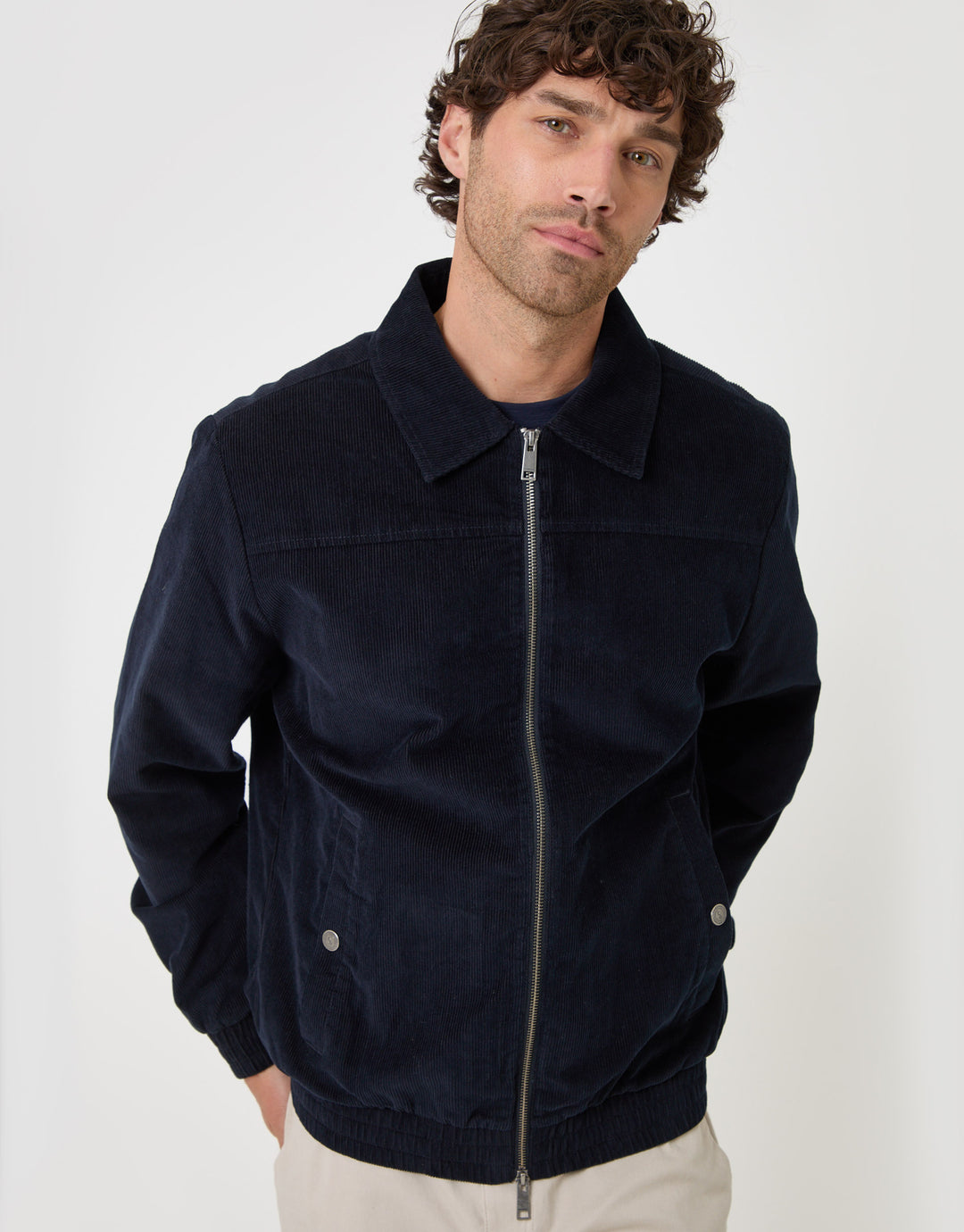 Threadbare Cotton Corduroy Harrington Jacket in Navy - front view