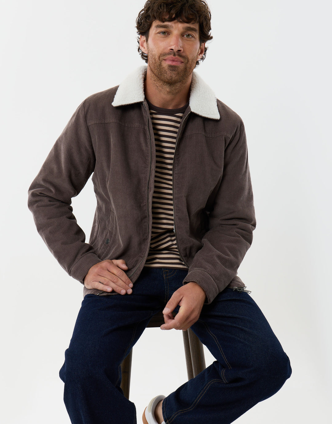 Corduroy Jacket with Sherpa Collar & Lining in Taupe