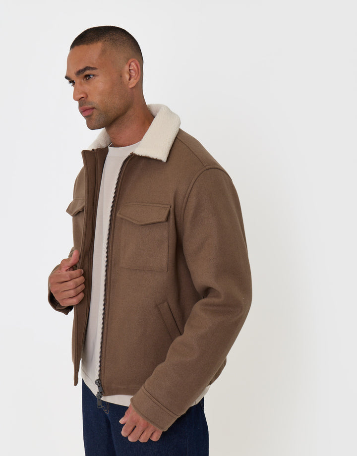 Zip Jacket with Sherpa Collar & Lining in Taupe