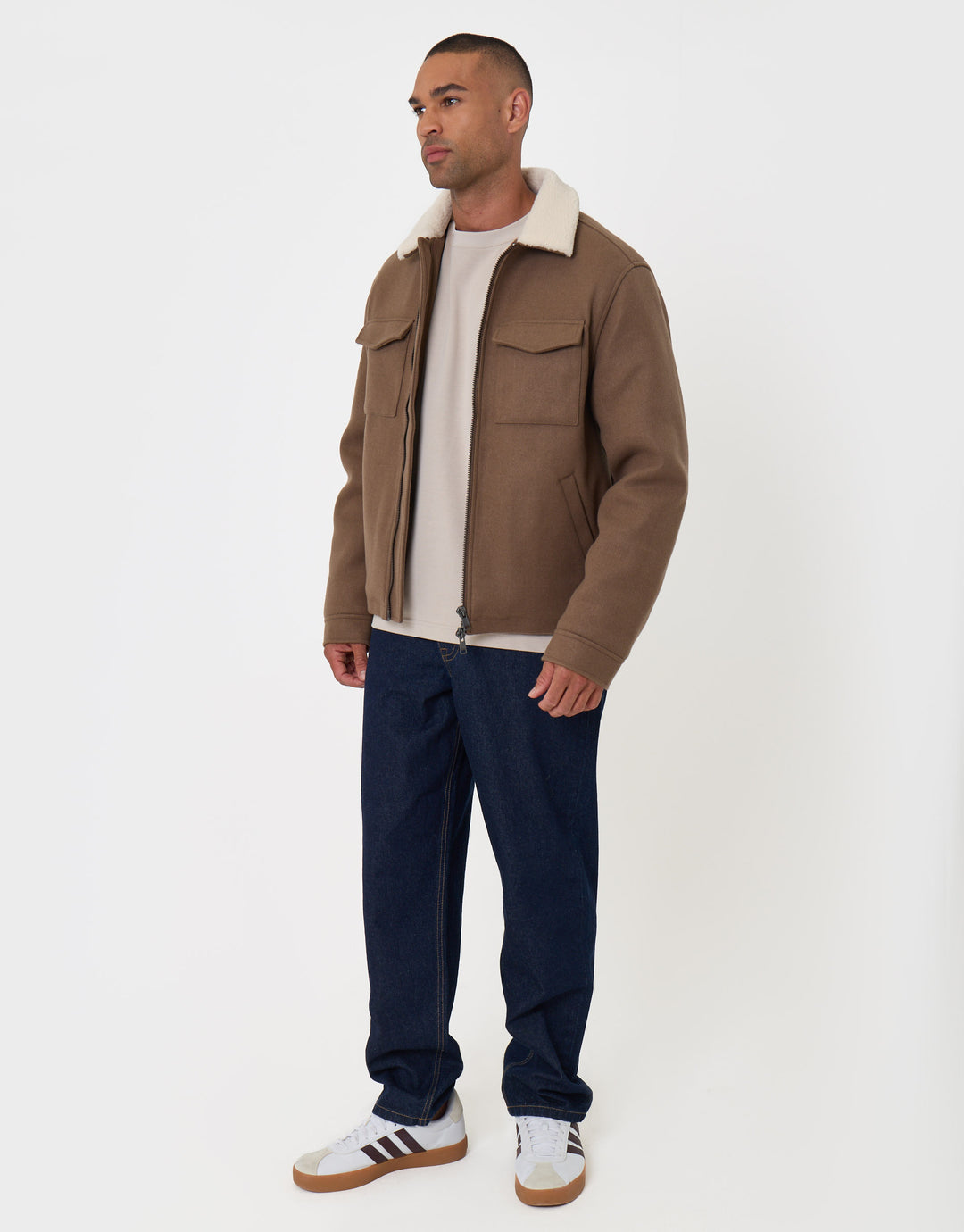 Zip Jacket with Sherpa Collar & Lining in Taupe