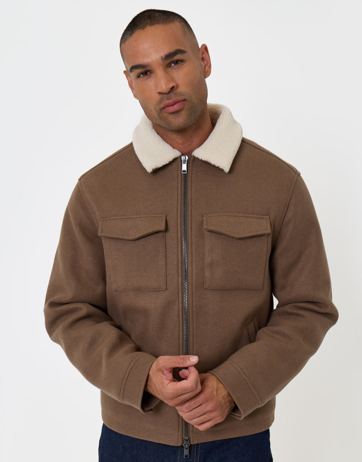 Zip Jacket with Sherpa Collar & Lining in Taupe