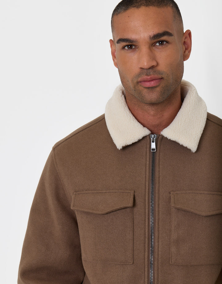 Zip Jacket with Sherpa Collar & Lining in Taupe
