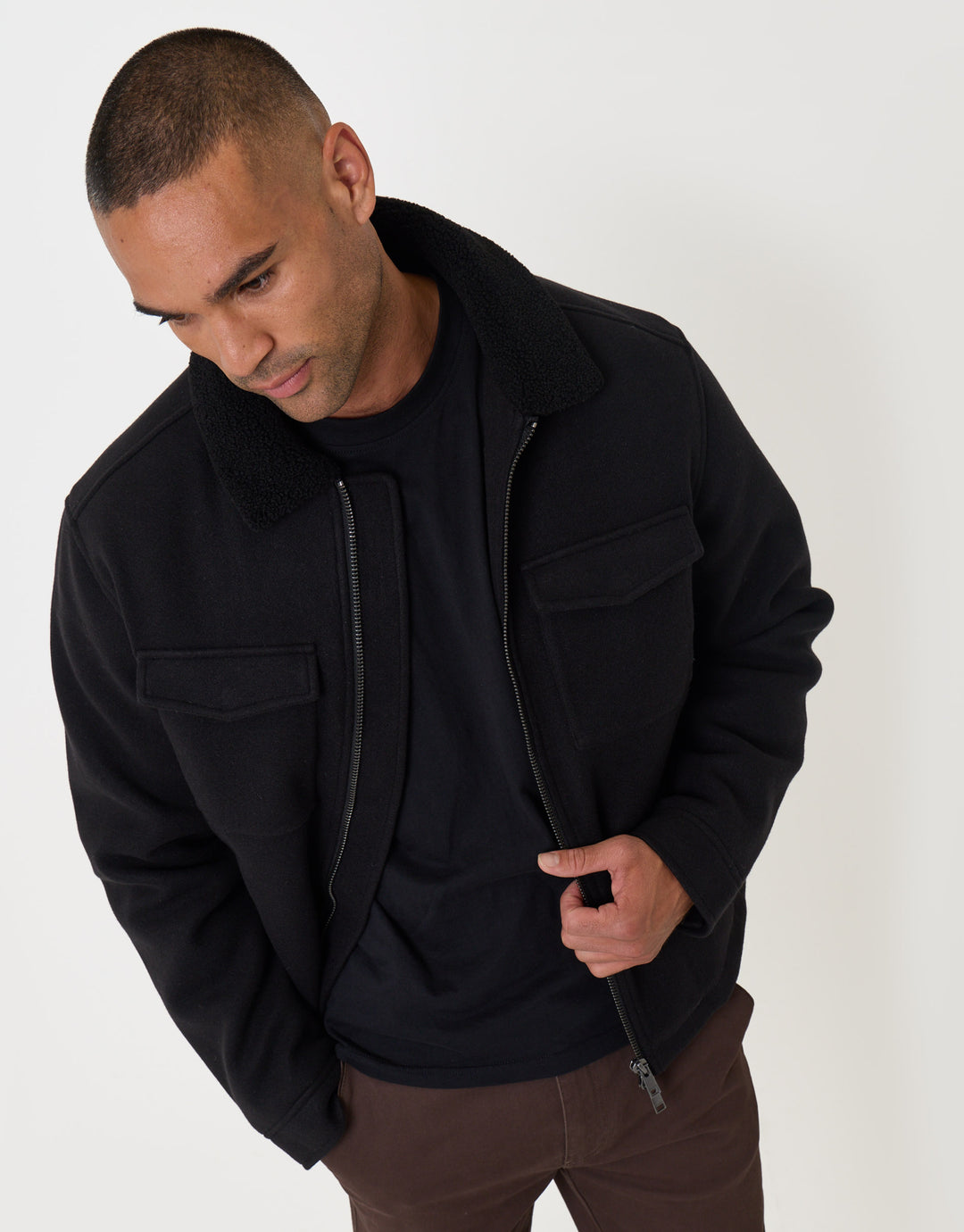 Zip Jacket with Sherpa Collar & Lining in Black