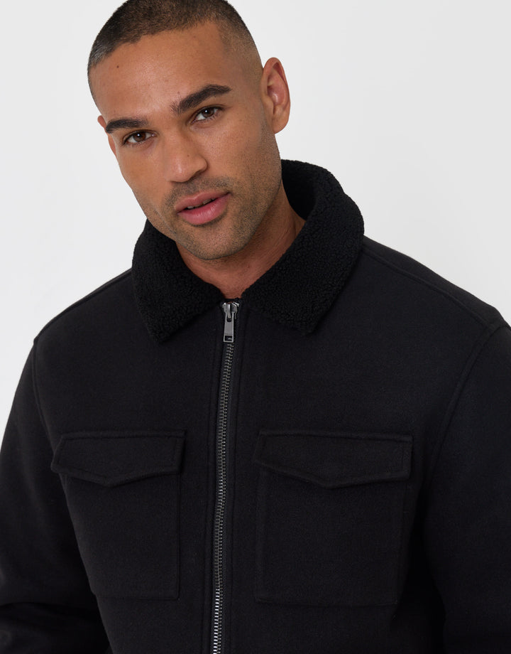 Zip Jacket with Sherpa Collar & Lining in Black