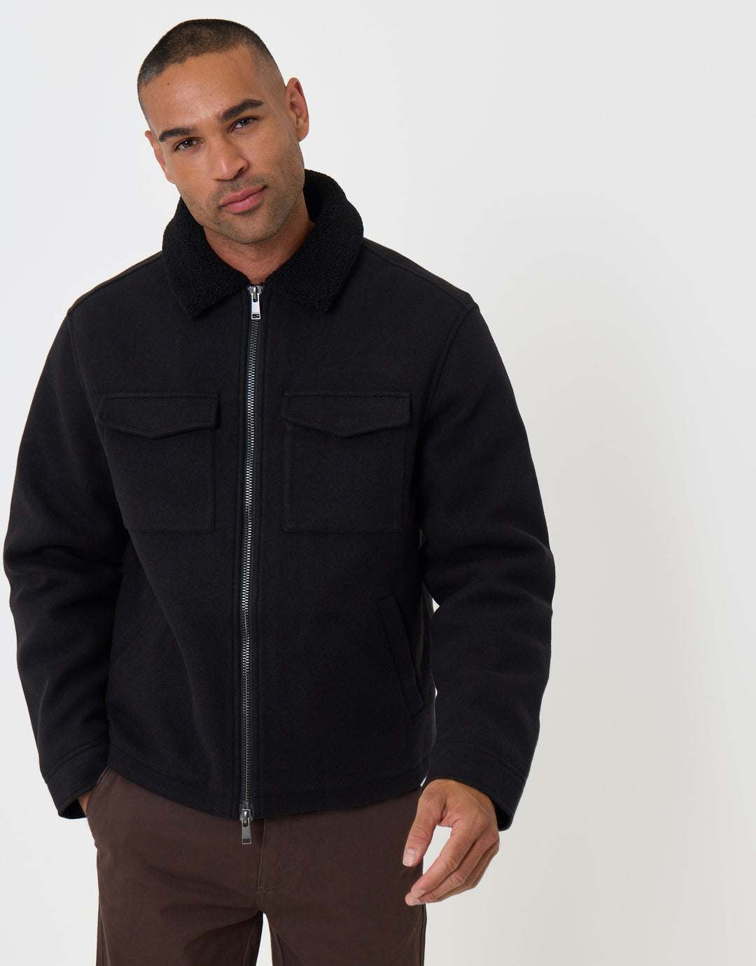 Zip Jacket with Sherpa Collar & Lining in Black