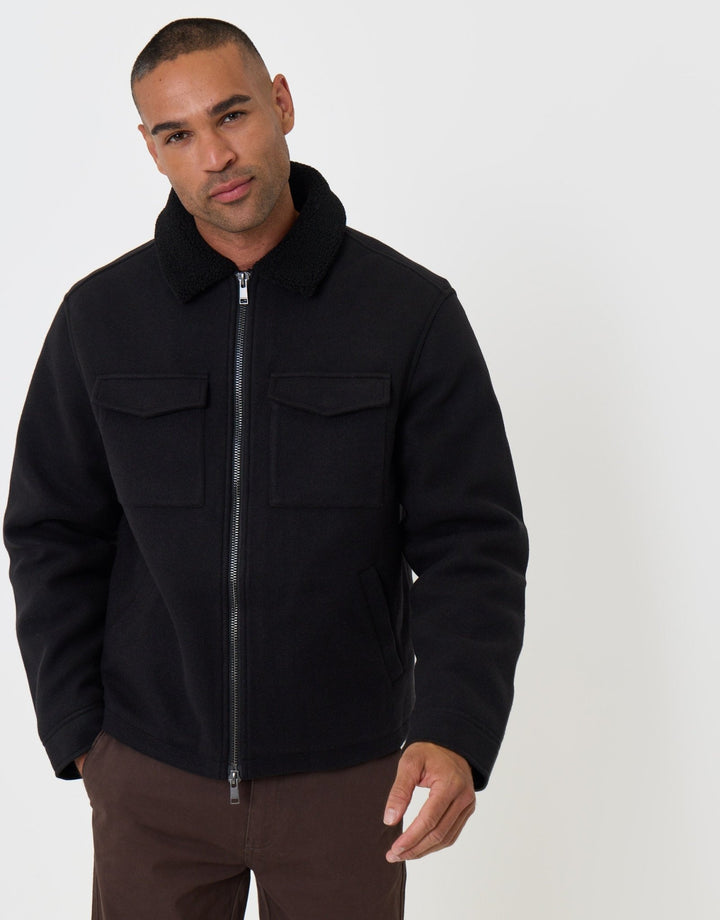 Zip Jacket with Sherpa Collar & Lining in Black