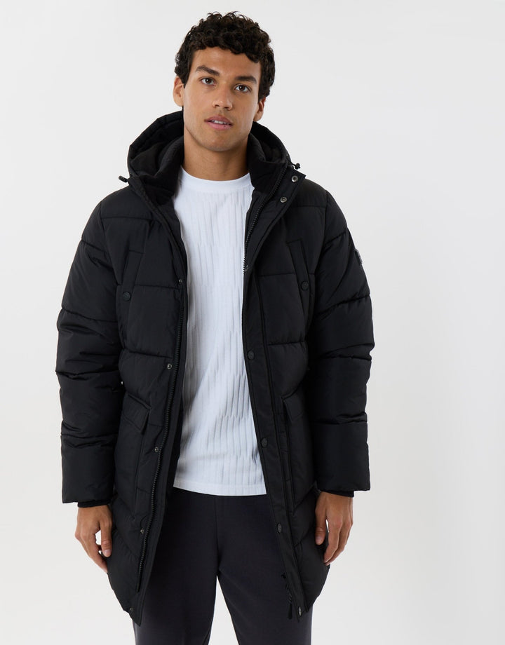 Longline Showerproof Puffer Coat with Fleece-Lined Hood in Black