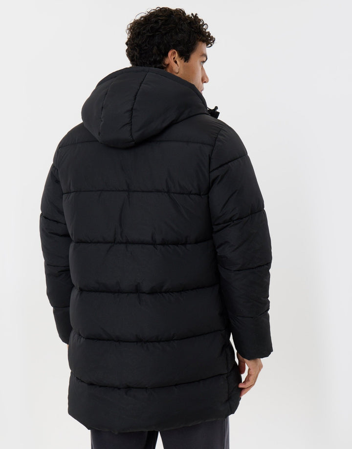 Longline Showerproof Puffer Coat with Fleece-Lined Hood in Black