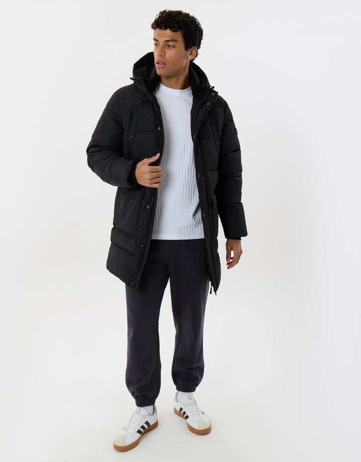 Longline Showerproof Puffer Coat with Fleece-Lined Hood in Black