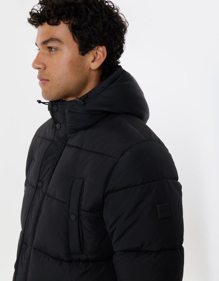 Longline Showerproof Puffer Coat with Fleece-Lined Hood in Black
