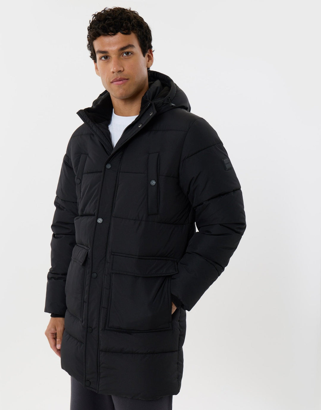 Longline Showerproof Puffer Coat with Fleece-Lined Hood in Black