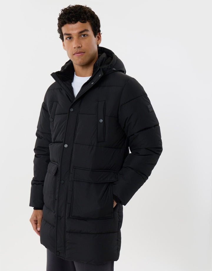 Longline Showerproof Puffer Coat with Fleece-Lined Hood in Black