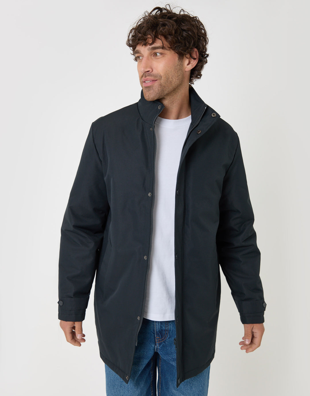 Threadbare Longline Showerproof Funnel Neck Coat in Navy - front view