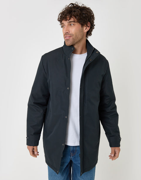Threadbare Longline Showerproof Funnel Neck Coat in Navy - front view