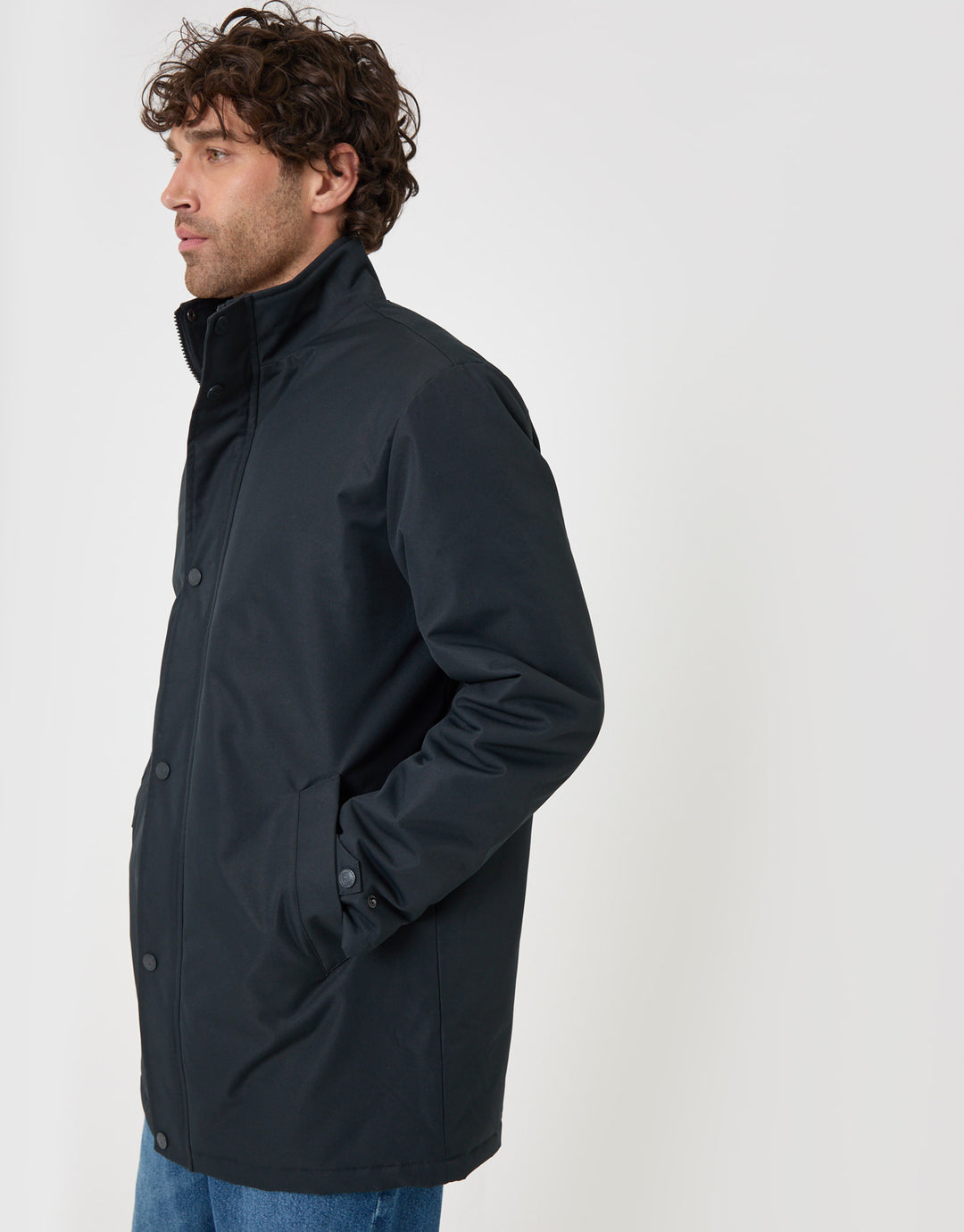 Threadbare Longline Showerproof Funnel Neck Coat in Navy - side view
