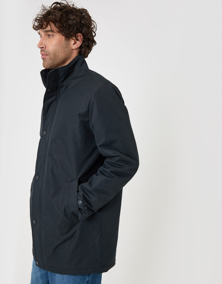 Threadbare Longline Showerproof Funnel Neck Coat in Navy - side view