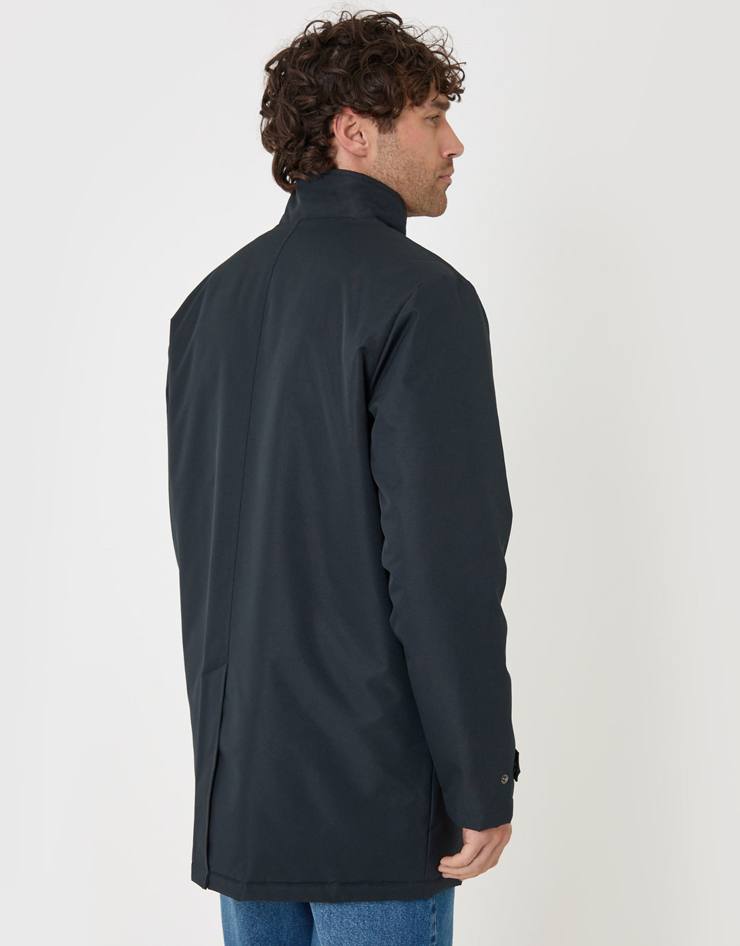 Threadbare Longline Showerproof Funnel Neck Coat in Navy - back view