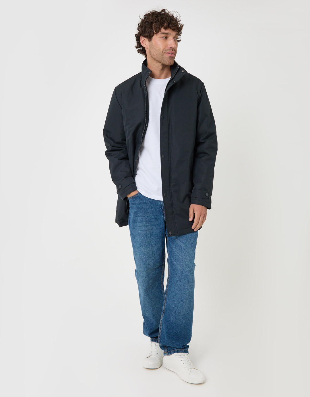 Threadbare Longline Showerproof Funnel Neck Coat in Navy - full body
