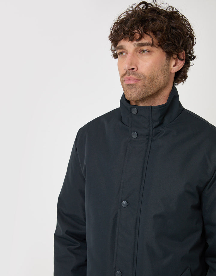 Threadbare Longline Showerproof Funnel Neck Coat in Navy - close up