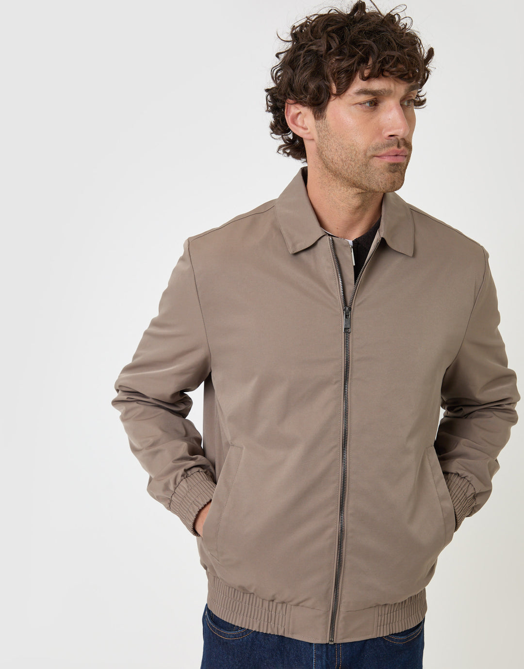 Threadbare Showerproof Canvas Collared Lightweight Jacket in Taupe - front view zipped