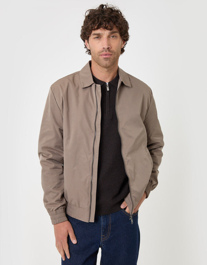 Threadbare Showerproof Canvas Collared Lightweight Jacket in Taupe - front view unzipped