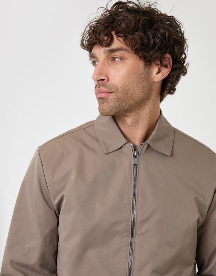 Threadbare Showerproof Canvas Collared Lightweight Jacket in Taupe - close up