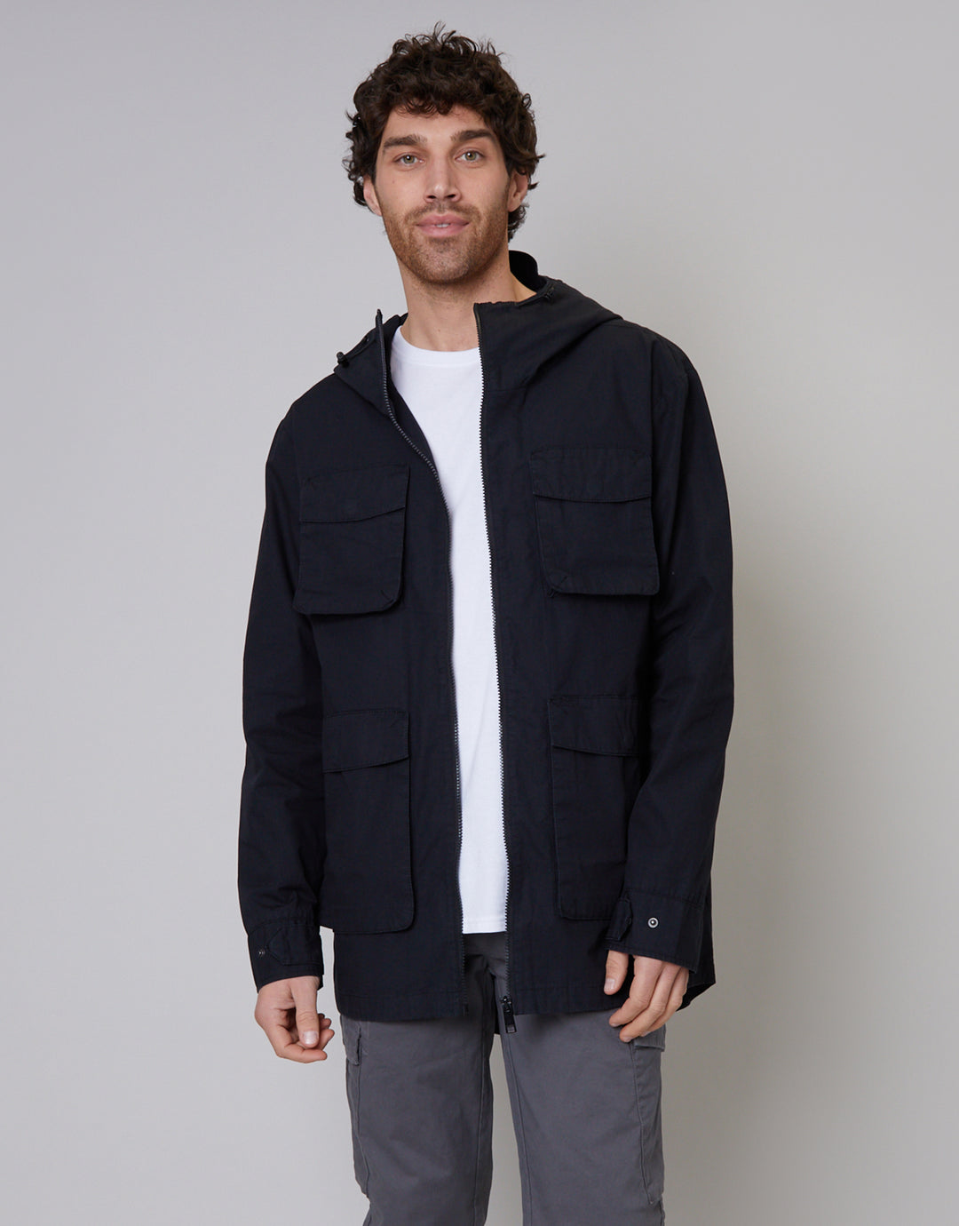 Black Hooded 4 Pocket Utility Field Coat