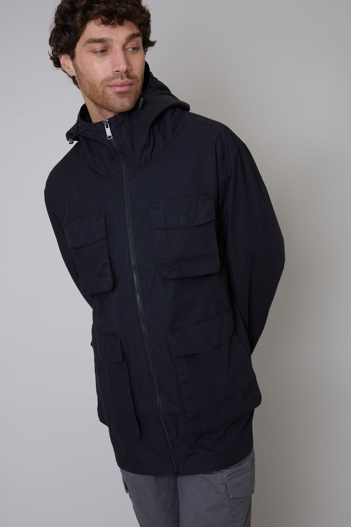 Black Hooded 4 Pocket Utility Field Coat