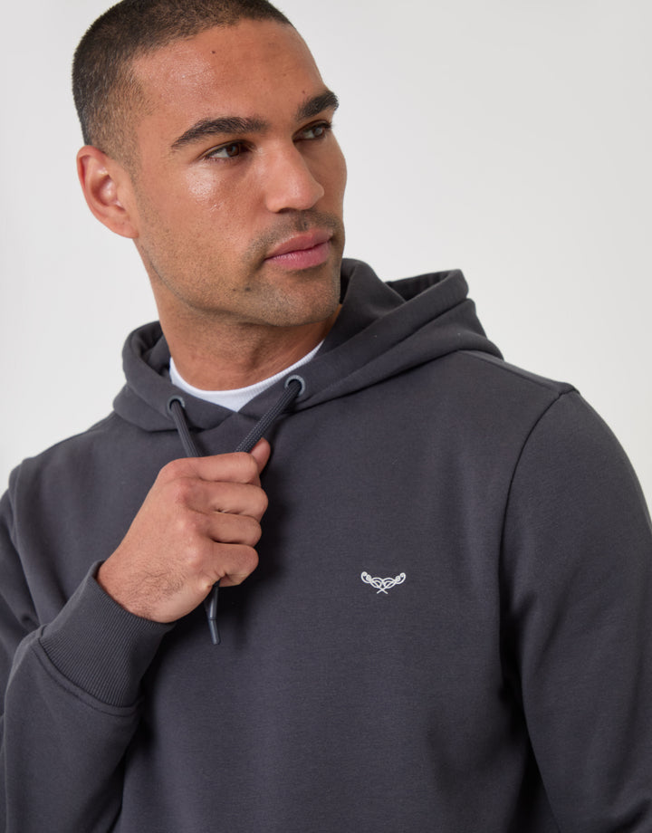 Threadbare Cotton Rich Overhead Hoodie in Charcoal - close up
